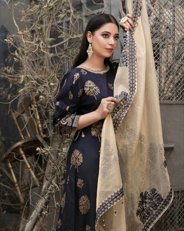Bareeze Winters Collection | Premium Linen 3-Piece with Embroidered Chiffon Dupatta